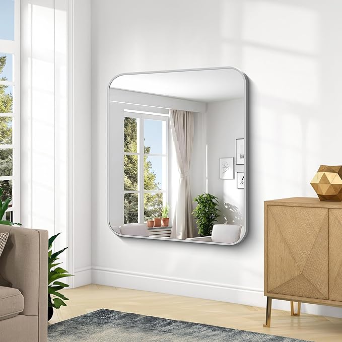 KOCUUY Silver Bathroom Mirror, 40x48 Inch Large Bathroom Mirror for Over Sink, HD Tempered Glass, Anti-Rust Brushed Silver Frame, Rounded Corner Modern Design for Bathroom, Hang Horizontal/Vertical
