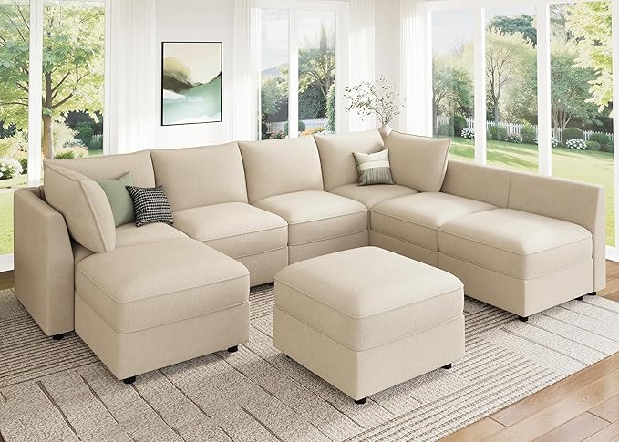 HONBAY Modular Sectional Sofa Couch with Storage, Modern U Shaped Sectional Sofa, Convertible Couches for Living Room - Beige