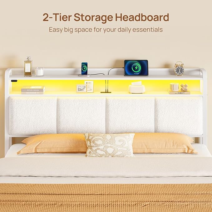 Rolanstar Bed Frame Full Size with Charging Station and LED Lights, Upholstered Storage Headboard with Drawers, Heavy Duty Metal Slats, No Box Spring Needed, Noise Free, Easy Assembly, White