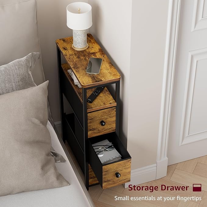 Narrow Night Stand Set 2 - Nightstand with 3 Drawers Skinny Bedsides Tables for Small Space Dresser for Bedroom Living Room Slim Side Table, Farmhouse Brown