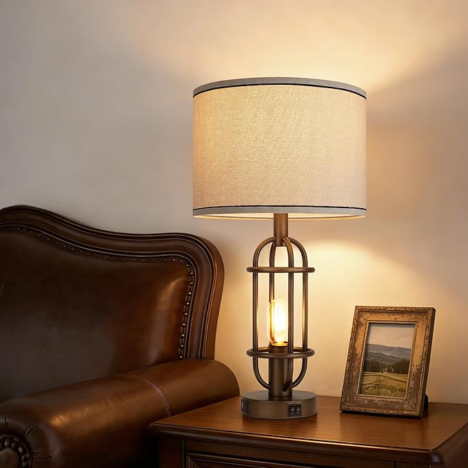 Table Lamps for Living Room Set of 2, 22.3" Farmhouse Lamps for Nightstand, Industrial Table Lamps for Bedroom with USB Ports