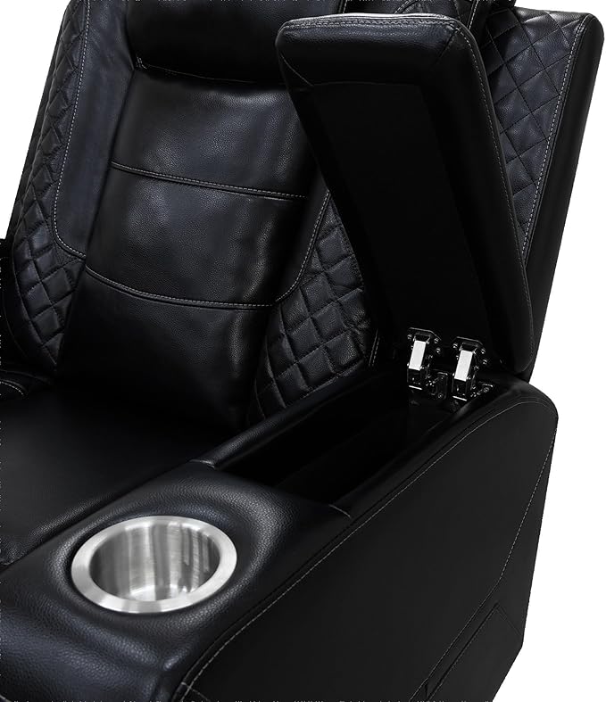 Air Leather Loveseat Power Recliner Sofa, 3 Seat Reclining Sofa with Drop Down Table,Reading Light, LED Lighting&USB Port (Black Upgared