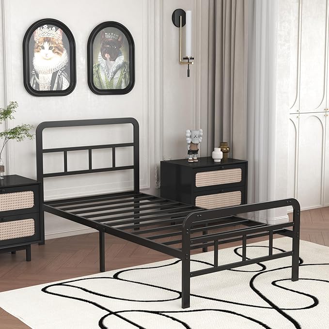 Twin XL Bed Frame with Headboard and Footboard 14 Inch, XL Twin Platform Bed Frame with Strong Metal Slats Support, Under-Bed Storage, Noise Free, Easy Assembly, Black