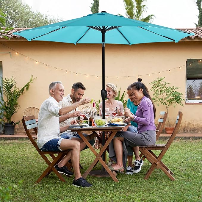 Sun-Ray 9' Round Patio Umbrella with Push-Button Tilt and Hand Crank Lift System, Market Umbrella for Porch, Deck, and Patio