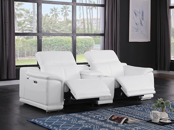 BlackJack Furniture Venice Top Grain Italian Leather Power Recline Loveseat Sofa - 93" Theater Seating Modern Couch for Living Room Apartment Lounge Home with Adjustable Headrests & USB Port, White