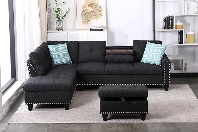 Favfurish 98" Left Hand Facing Sofa with Ottoman and Manufactured Wood Frame,L-Shaped Design Sectional Chaise W/Rounded Arms & Nailhead Trim,for Living Room,Office,Apartment,Charcoal Grey