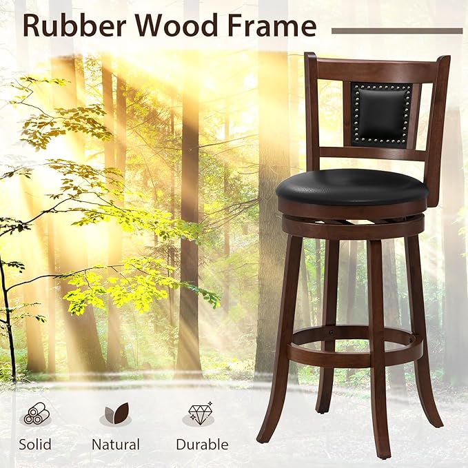 GOFLAME 30.5” Upholstered Bar Stools Set of 2, Swivel Bar Height Stools with Curved Backrest & Footrest, Solid Rubber Wood Barstools for Kitchen Island, Bar Counter, Cafe, Dining Room