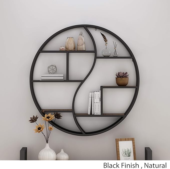 Christopher Knight Home Bobby Industrial Hanging Circular 8 shelves, Wall Shelf, Black Finish, Natural