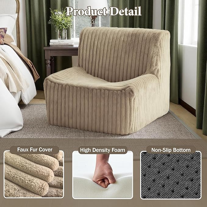 Trenda 32'' Comfy Bedroom Chair for Adult, Boneless Space-Saving Accent Chairs with with Spacious Seating, Soft Faux Fur Cover, Ideal Floor Couch for Living Room,College, Dorm to Reading (Khaki)