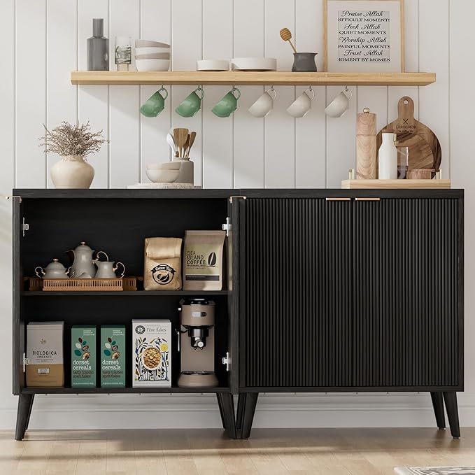 Buffet Cabinet with Storage, Modern Fluted Accent Sideboard with Doors & Adjustable Shelves, Buffet Table Entryway Cabinets for Living Room, Kitchen, Dining Room, Hallway, Black