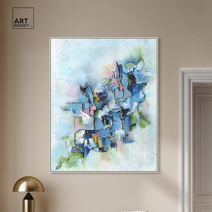 Art Remedy Poesy Canvas Modern Blue Abstract Wall Art, Silver Frame, 36" x 45"
