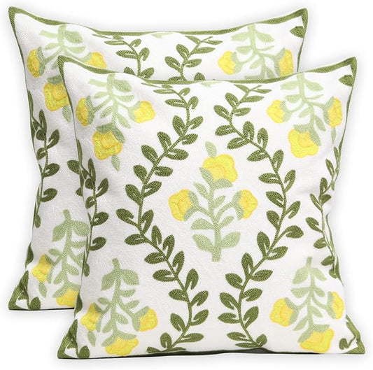 Set of 2 Embroidered Decorative Throw Pillow Covers Couch Square Pillowcases Cushion for Bedroom Sofa Farmhouse Decor 18x18 Inch (Yellow Floral)