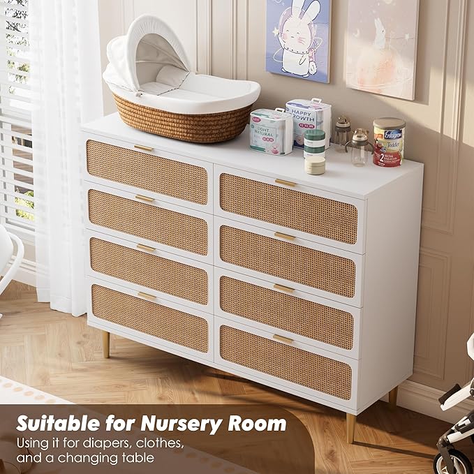 GarveeHome Rattan 8 Drawer Dressers for Bedroom, Tall Dresser with Deep Drawers, Large Chest of Drawers for Closet with Wide Top, Long Wooden Dresser for Living Room, Hallway, Kids Room, White