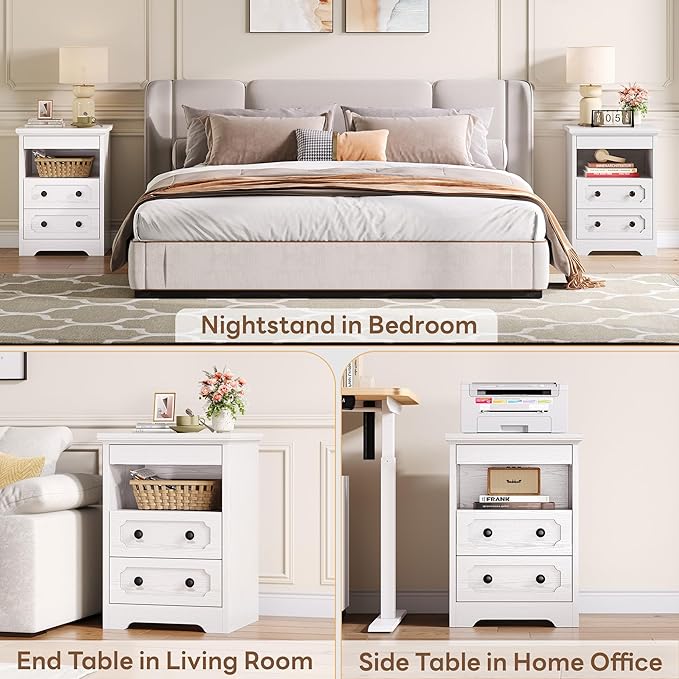 LIKIMIO Nightstand Set of 2, Night Stand with Pull Out Tray, Wooden Bedside Table with 2 Drawers and Open Shelf, Side Table for Bedroom, White