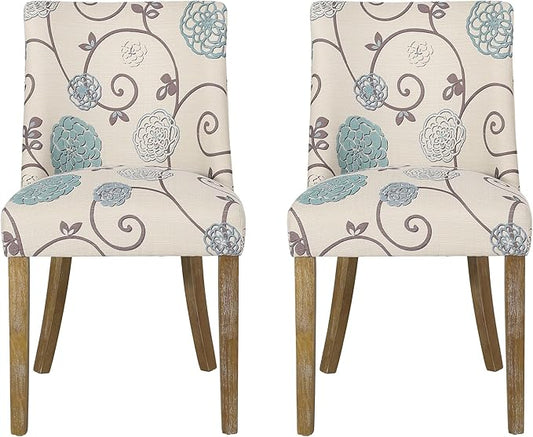 Christopher Knight Home Frances Dining Chair, 19.75 "W x 24.75 "D x 35 "H, Beige and Blue Floral + Natural Brown, Set of 2