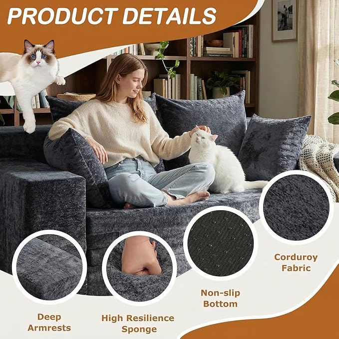 Convertible Sofa Bed, 5 in 1 Small Boneless Couch Pull Out Loveseat Sleeper Sofa,Corduroy Futon Couch Folding Mattress with 4 Pillows for Living Room (Dark Gray, Loveseat(Silky Velvet))