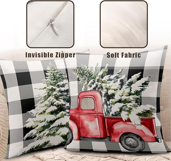 Christmas Black and White Check Pillow Covers 20 x 20 Set of 2 Buffalo Plaid Pillow Cover Christmas Tree Red Truck Pillow Protector Winter Holiday Decorations for Living Room