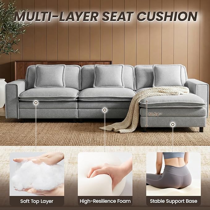 MALOL Modular Sectional Sofa 107", Comfy Cloud Couch with Ottoman, Deep 4-Seat L Shaped Modular Sofa, Couches with Throw Pillows for Living Room, Light Grey