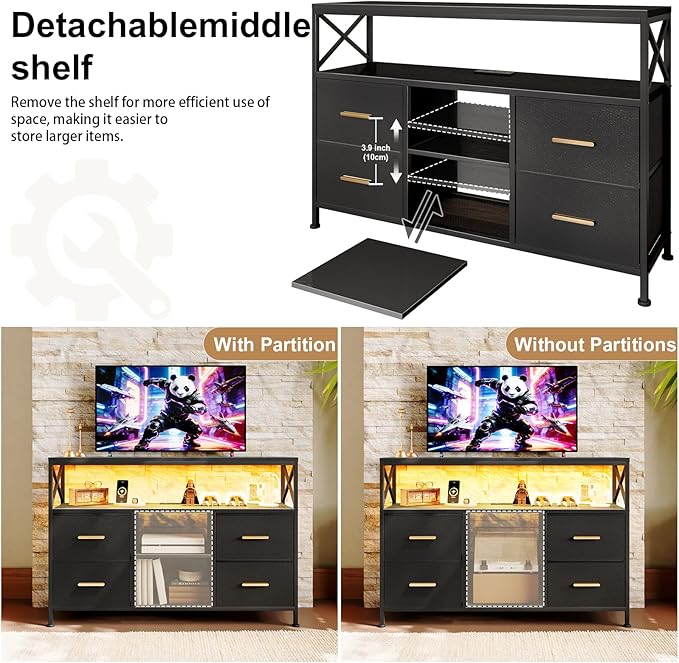 LED TV Stand for 55 inch TV, 47" Entertainment Center with 4 Fabric Drawers & Open Shelf, Brushed Gold Handle, TV Media Console Table for Living Room, Bedroom, Hallway, Black