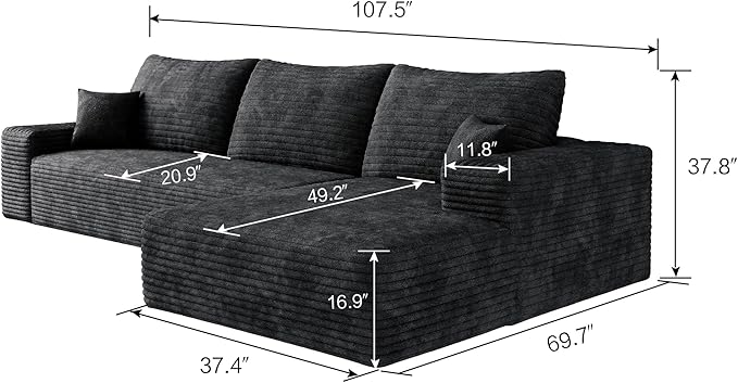 107" Oversized L Shaped Couch with Chaise, Minimalist Compressed Boneless Couch No Assembly Required, Modular Cloud Sectional Sofa for Living Room Bedroom, Right Facing Chaise, Plush Corduroy, Black