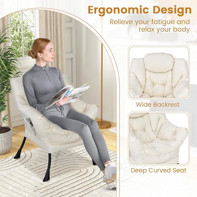 KOMFOTT Modern Accent Chair, Soft Upholstered Lazy Sofa with Side Pocket & Armrests, Single Sofa Armchair, Leisure Sofa Chair for Living Room, Bedroom, Beige