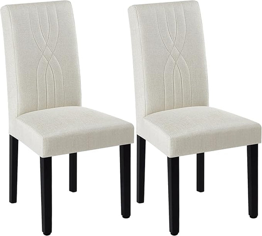 VECELO Upholstered Dining Chairs Set of 2, Modern Fabric and Solid Wood Legs & High Back for Kitchen/Living Room- Beige
