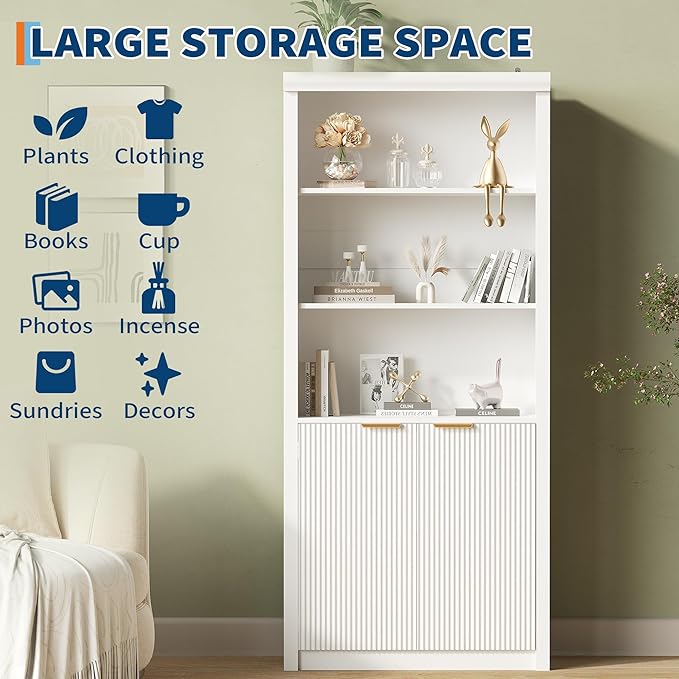 Garvee Tall Book Shelf and Bookcase, Wooden Bookcase with Doors, Modern Book Case with Large Storage Cabinet, 5-Shelf Bookcases with Adjustable top Shelve for Home Office, Living Room, 2 Set White