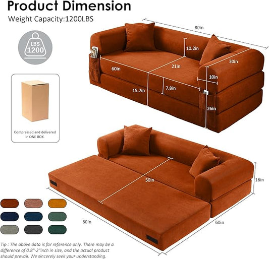 80" Convertible Sofa Bed, 3-in-1 Corduroy Folding Pull Out Couch with Pillows, No Assembly Modern Boneless Couch Compression Sofa in Box, Floor Sofa with Side Storage Pocket for Living Room, Orange