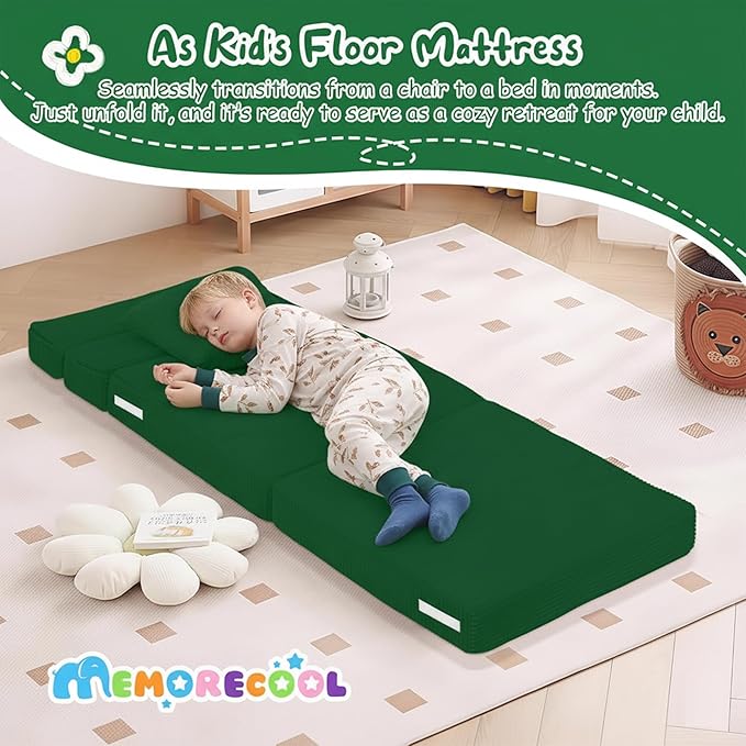 MeMoreCool Folding Sofa for Kids, Corduroy Fold Out Futon Chair, Small Foldable Floor Mattress, Portable Children Couch Sofa, Green