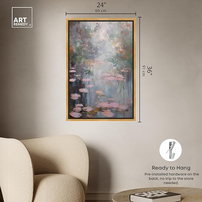Art Remedy Pink Impressionisty Lilypads Framed Impressionism 1 Piece Canvas Wall Art/Monet And Van Gogh Inspired Art, 25.5" x 37.5", Gold Frame