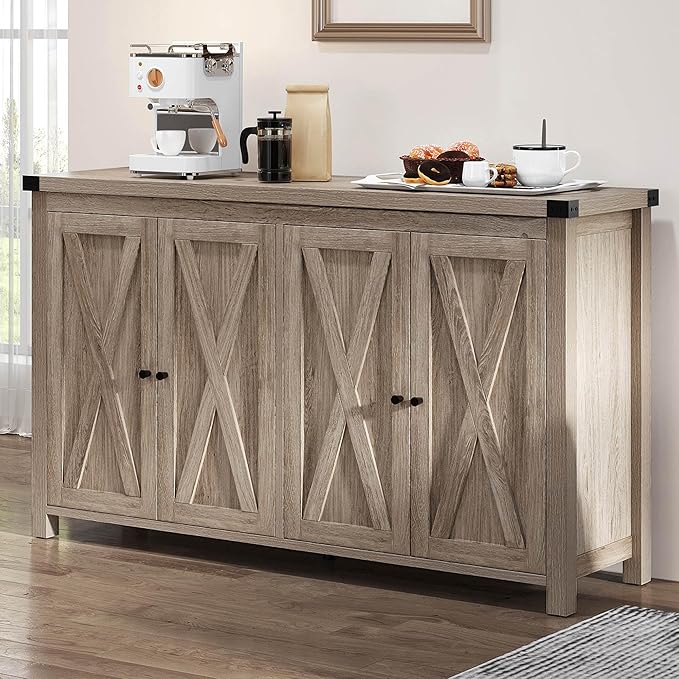 YITAHOME 55'' Sideboard Buffet Cabinet with Storage, Farmhouse Kitchen Storage Cabinet w/4 Doors ＆Adjustable Shelf for Kitchen, Living Room, Grey-Brown