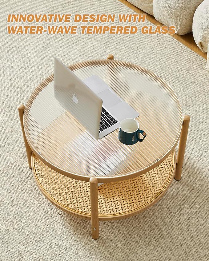 COSVALVE 27.5" Boho Rattan Coffee Table, Round Glass Metal Center Table, Modern Simple 2 Tier Middle Table for Small Space Living Room Bedroom Office Meeting Room