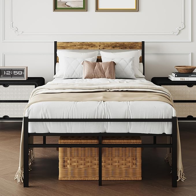 Metal Platform Bed Frame with Headboard, Twin Size 39.0W x 77.7L x 36.2H inches, Wood and Faux Leather, Walnut (Walnut Colour, Twin)