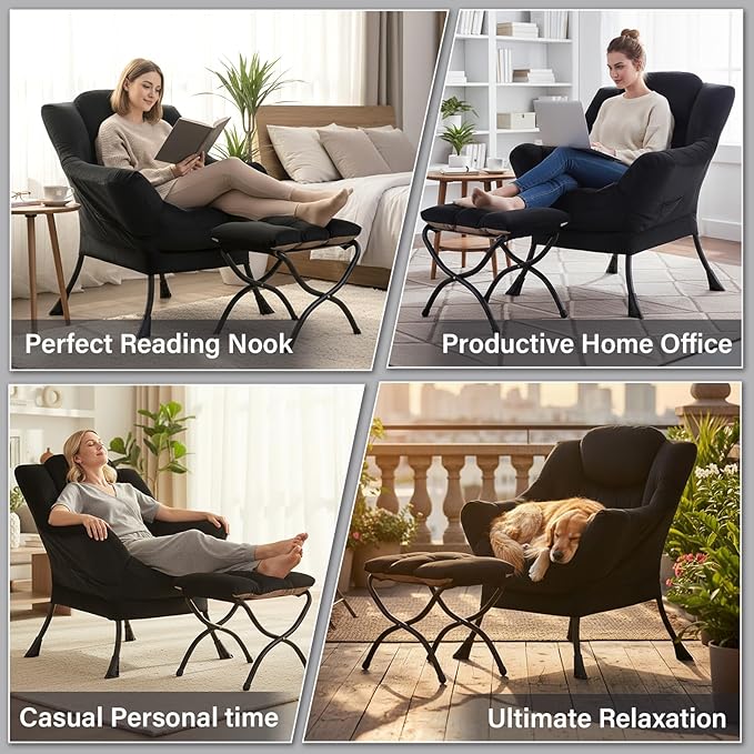 Lazy Chair and Ottoman, Black Velvet Large Accent Chair with a Side Pocket, Modern Leisure Upholstered Sofa Reading Armchair with Footrest for Office, Bedroom, Living Room, Dorm Rooms, Balcony
