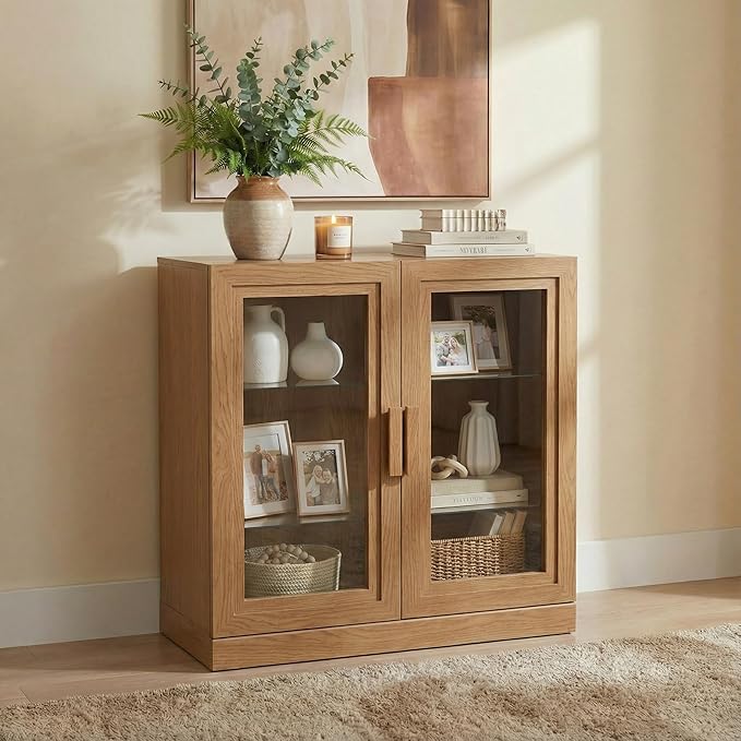 Casaphoria Adam Sideboard Buffet Cabinet with Storage, Display Cabinet with Glass Doors & Adjustable Shelves, 31" W x 31" H Buffet Cabinet for Entryway Kitchen Living Room, Oak