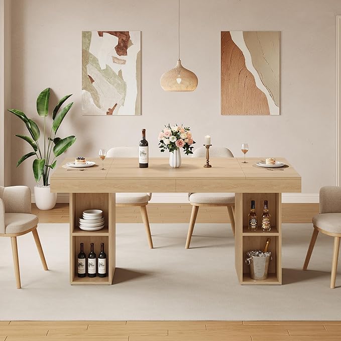 GAOMON 62.9" Wood Dining Table for 4-6 People, Large Kitchen Table with Sturdy Pedestal, Long Dining Table with Storage Cube, Farmhouse Rectangle Dinner Table for Dining Room and Living Room