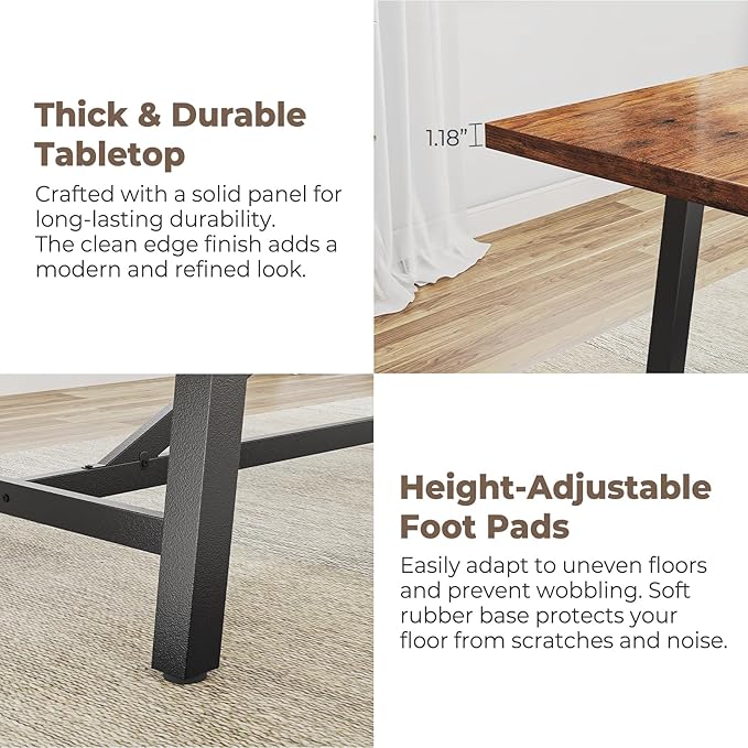 Concho Industrial Dining Table for 6-8 People, Long Wooden Kitchen Dinner Table with Sturdy Metal Frame for Home Office,Dining Room,Living Room Furniture, Brown