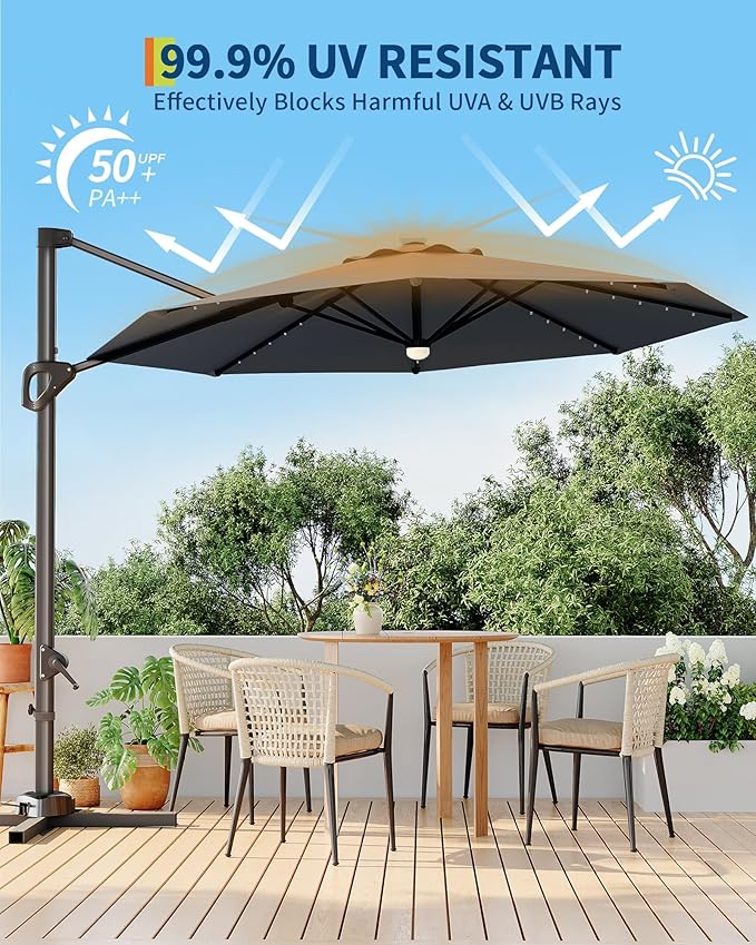 GarveeLife 10FT Patio Umbrella Outdoor Solar LED Large Cantilever Umbrella Market Sun Shade Windproof Offset Umbrella with 360-Degree Rotation for Garden Deck Pool Patio