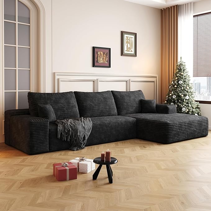 107" Oversized L Shaped Couch with Chaise, Minimalist Compressed Boneless Couch No Assembly Required, Modular Cloud Sectional Sofa for Living Room Bedroom, Right Facing Chaise, Plush Corduroy, Black