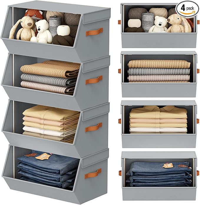 Stackable Closet Organizers and Storage Bins, Open Front Closet Shelf Organizer System With Steel Frame, Clothes Storage Basket Fabric, Collapsible Closet Drawers for Wardrobe, Nursery ,Toy, 4 Pack