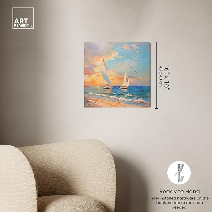 Art Remedy Sailboats In The Sunset Gallery Wrapped Sailing 1 Piece Canvas Wall Art, 16" x 16", Gallery Wrapped