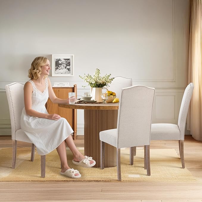 Upholstered Dining Chair Modern Stylish Parsons Kitchen Diner High Back with Silver Nailhead Trim & Wood Legs, Set of 6, Fabric Beige