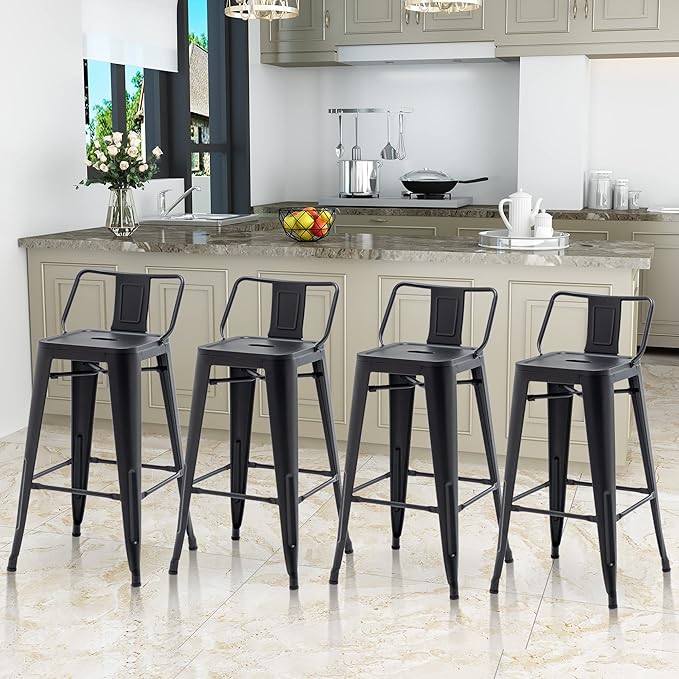 Tongli Metal Bar Stools Set of 4 Barstools Counter Height Bar Stools with Back Industrial Matte Black Bar Stool Indoor Counter Stool Kitchen Island Stools Modern Bar Chair 24 inch