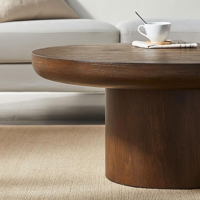Eafurn 35.98inch Round Wood Coffee Table with Cylindrical Leg, Farmhouse Cocktail Solid Circle Center Wooden Table, Brown Walnut Tabletop & Legs
