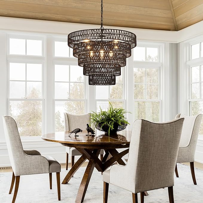 25.6” Black Hand-Woven Rattan Chandelier Vintage Farmhouse 8-Lights Boho Large Bamboo Chandelier Light Fixture Retro 5-Tier Drum Wicker Chandeliers for Dining Room, Kitchen, Bedroom, E12