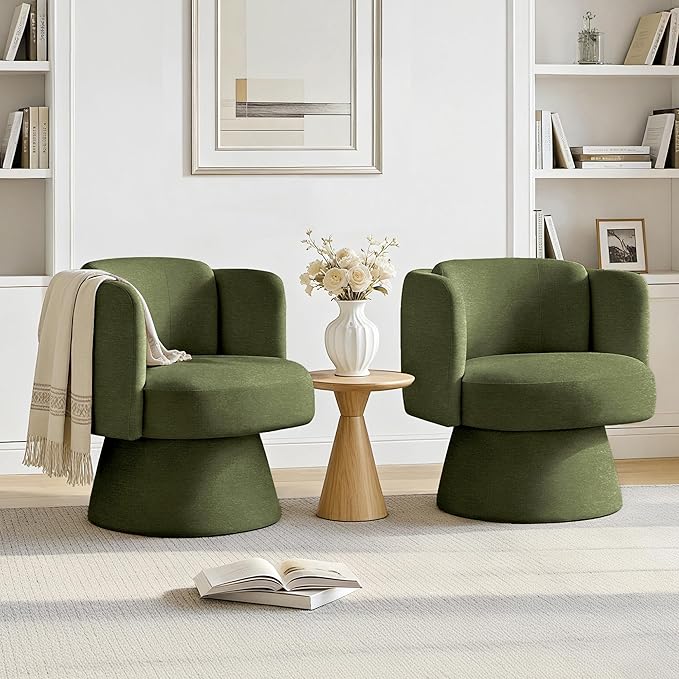 Swivel Barrel Chair,360° Accent Chairs with Round Backrest,Upholstered Lounge Chair for Vanity,Living Room,Bedroom,Reading Nook,Green