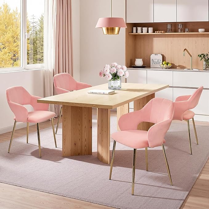 VECELO Velvet Dining Chairs Set of 2, Modern Upholstered Kitchen Chairs with Cushion, Padded Backrest and Metal Legs, Pink