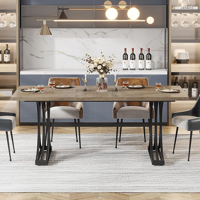 Tribesigns 63-Inch Rectangular Dining Table for 4 to 6, Modern Kitchen Tables with Stylish Metal Trestle Legs, Large Dinner Table for Dining Room, Only Table (Grey+Black)
