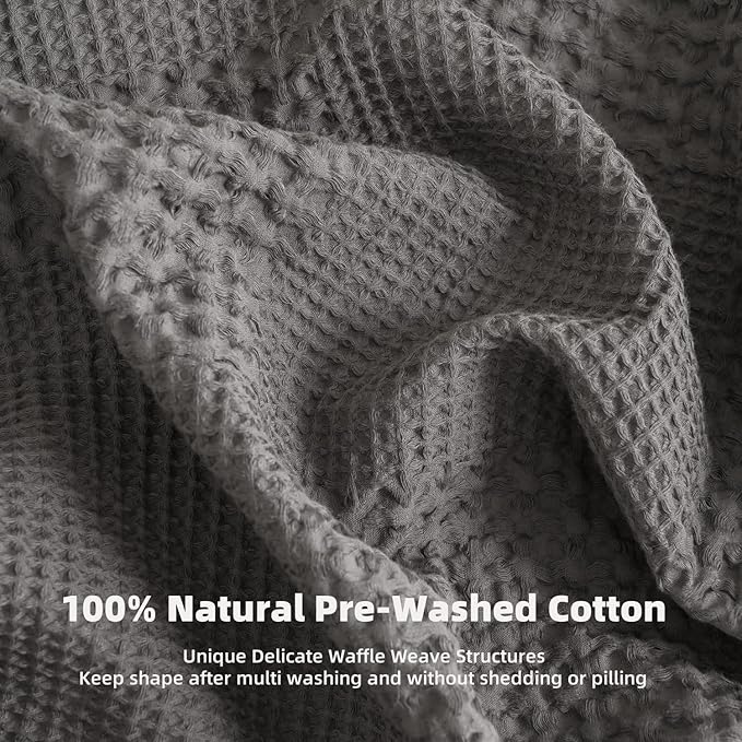 meadow park Cotton Waffle Blanket with Sateen Binding - Queen Size - Lightweight and Breathable - Charcoal Color