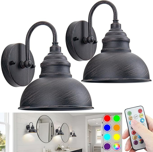 Industrial Battery Operated Wall Sconces Set of Two Wall Light Fixture with Remote, Indoor Not Hardwired Wall Mount Lamp for Bedroom Bathroom Vanity Light, Easy to Install, Batteries Included